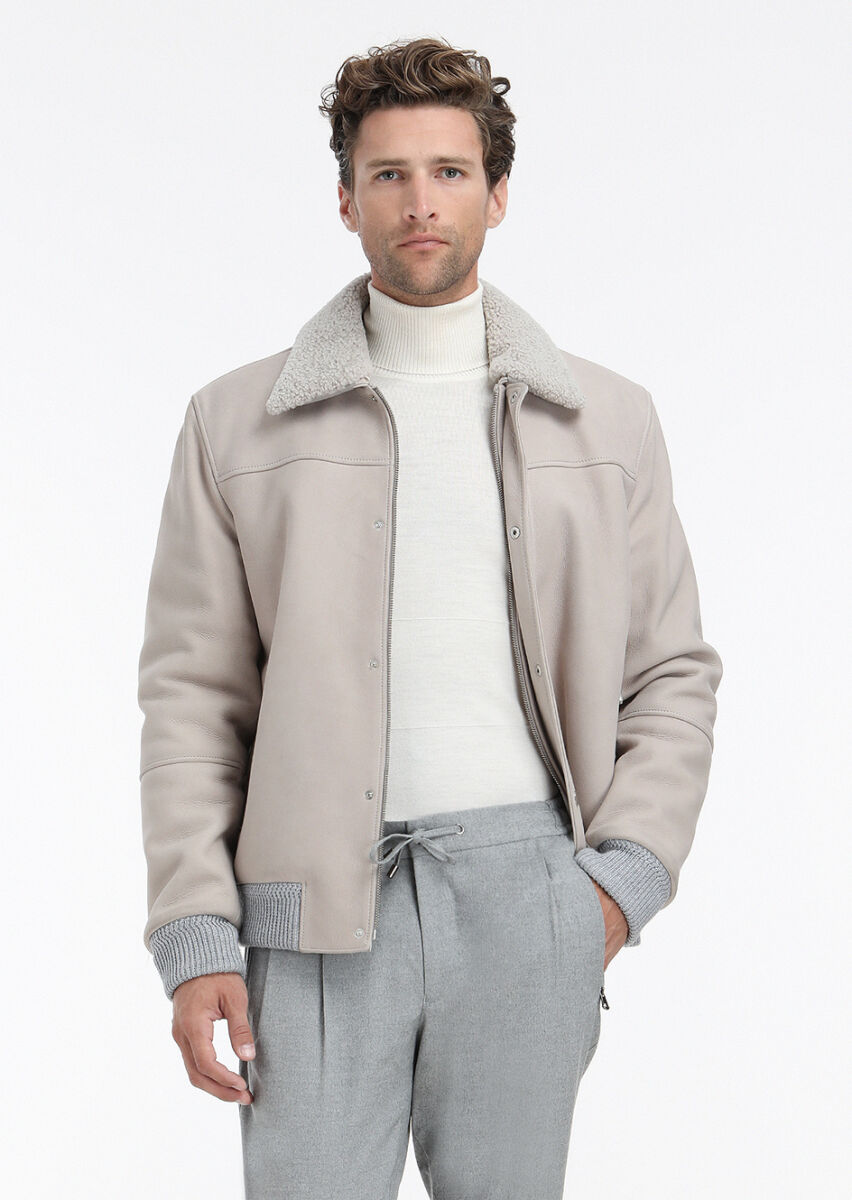 Beige Regular Fit Round Collar Casual Suede Leather Coat - 1