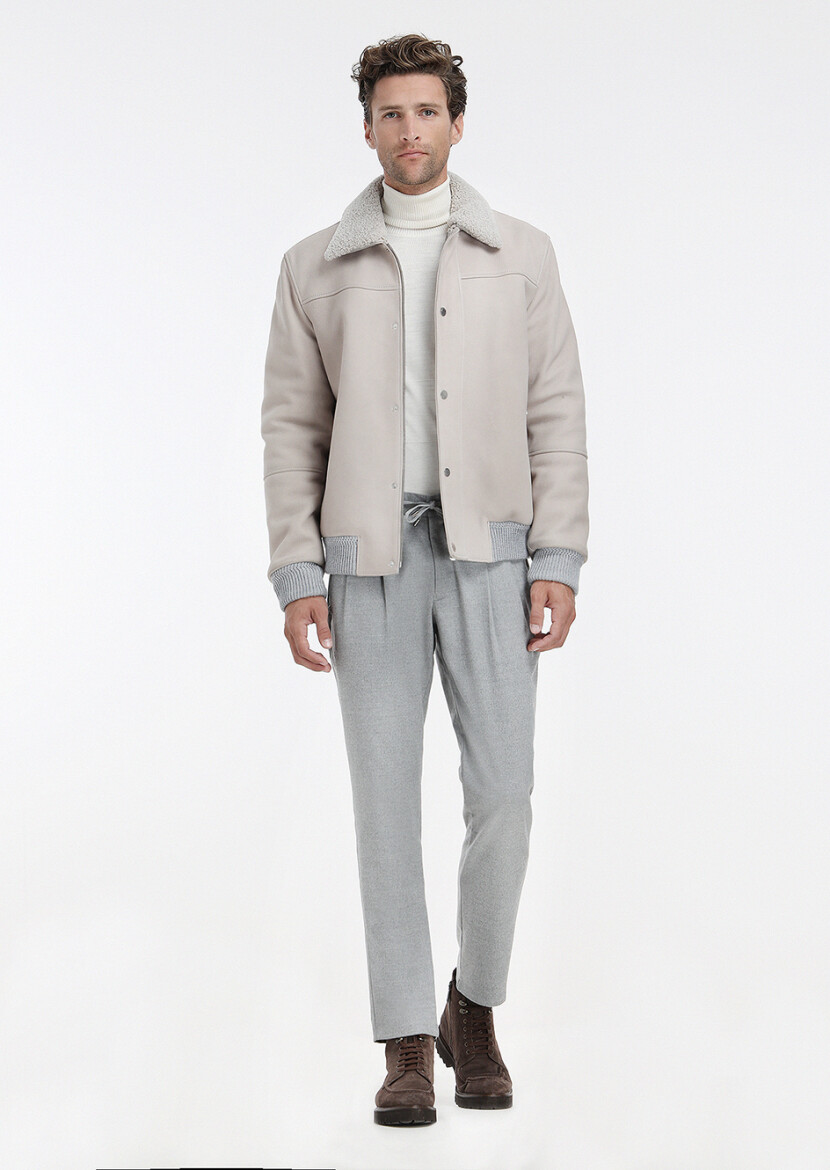 Beige Regular Fit Round Collar Casual Suede Leather Coat - 2