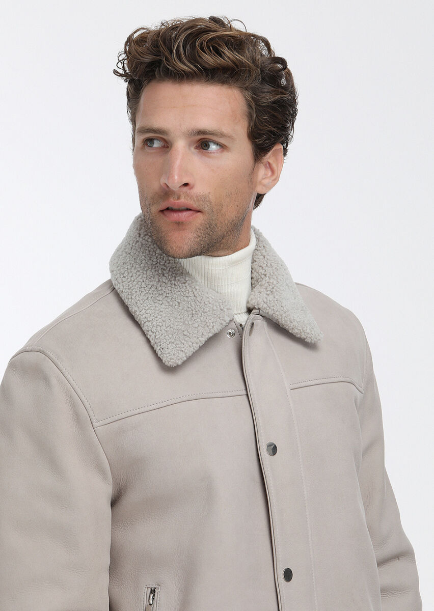 Beige Regular Fit Round Collar Casual Suede Leather Coat - 4