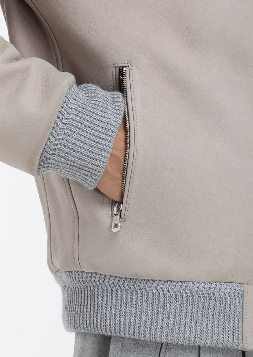 Beige Regular Fit Round Collar Casual Suede Leather Coat - 5