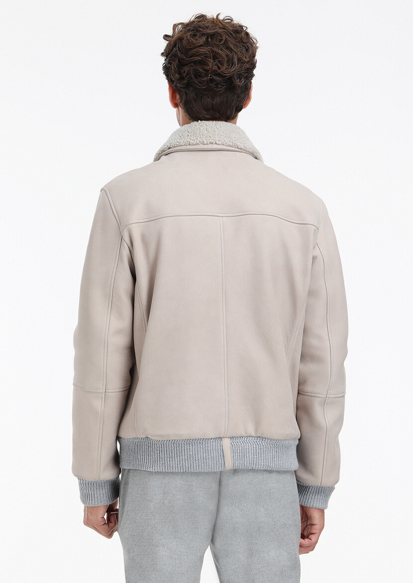 Beige Regular Fit Round Collar Casual Suede Leather Coat - 8