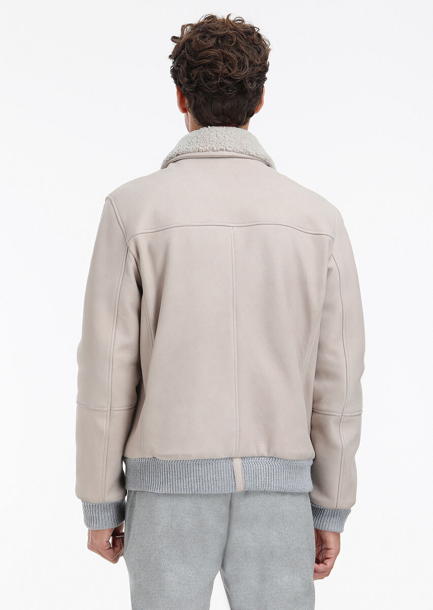 Beige Regular Fit Round Collar Casual Suede Leather Coat - 8