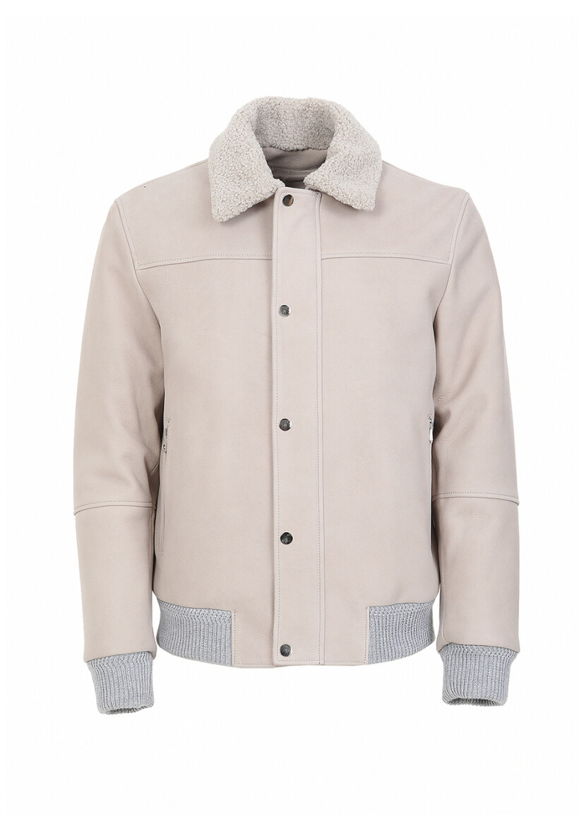 Beige Regular Fit Round Collar Casual Suede Leather Coat - 9