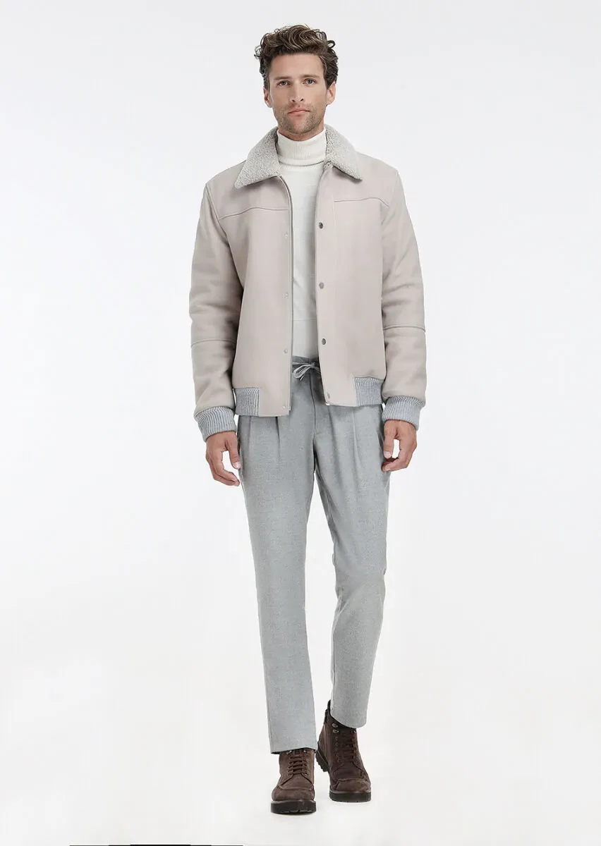 Beige Regular Fit Round Collar Casual Suede Leather Coat - 2