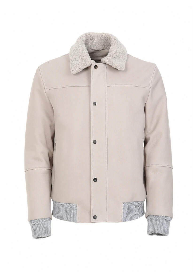 Beige Regular Fit Round Collar Casual Suede Leather Coat - 9