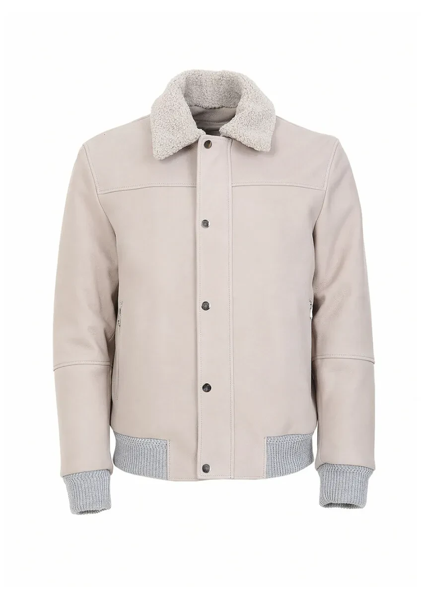 Beige Regular Fit Round Collar Casual Suede Leather Coat - 9
