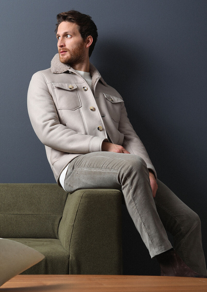 Beige Regular Fit Shirt Collar Casual Fur Leather Coat - 1