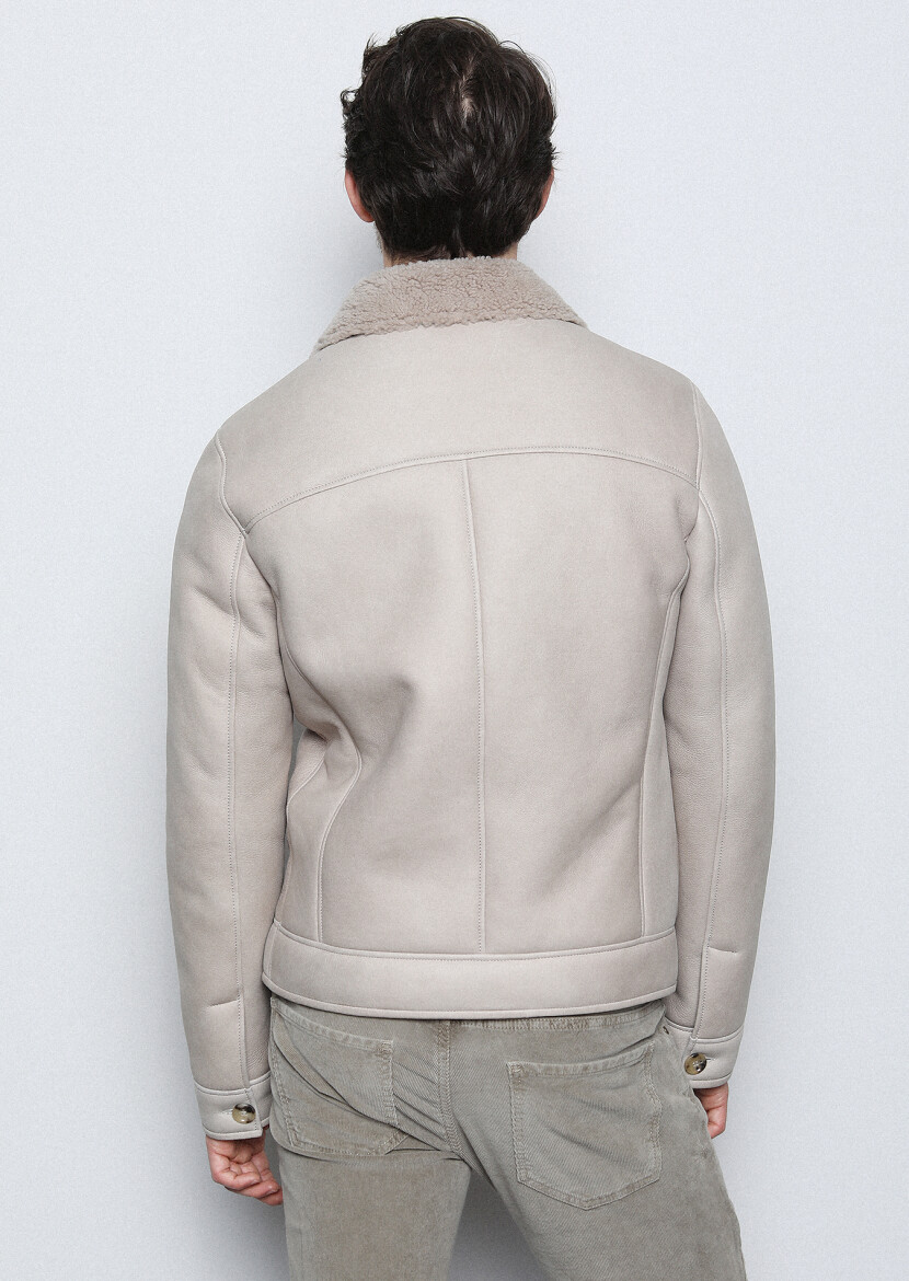 Beige Regular Fit Shirt Collar Casual Fur Leather Coat - 4