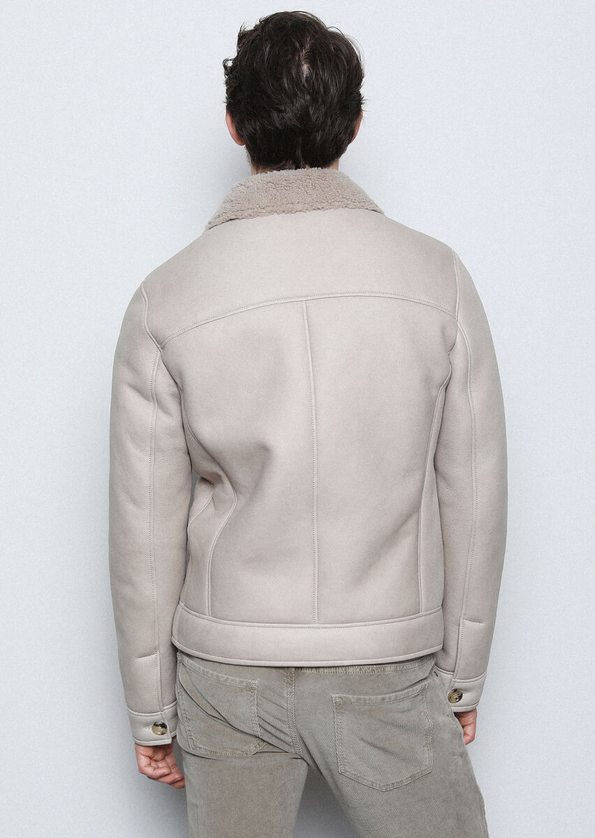 Beige Regular Fit Shirt Collar Casual Fur Leather Coat - 4