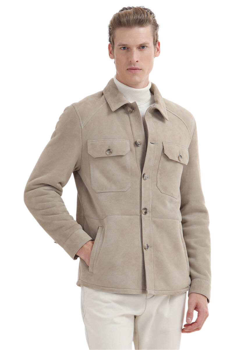 Beige Regular Fit Shirt Collar Casual Fur Leather Coat - 3