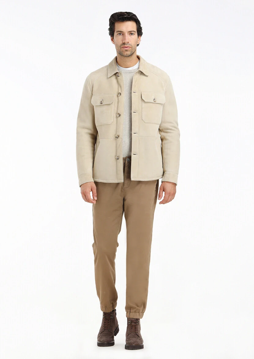 Beige Regular Fit Shirt Collar Casual Fur Leather Coat - 1
