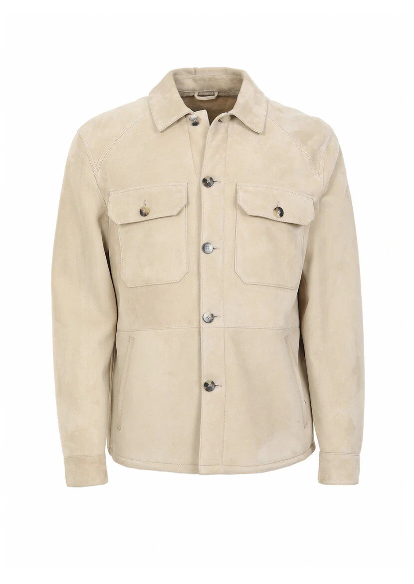 Beige Regular Fit Shirt Collar Casual Fur Leather Coat - 6