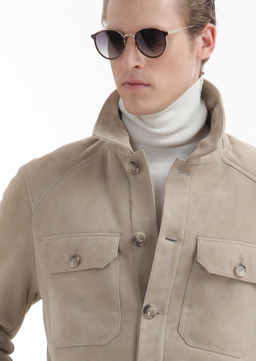 Beige Regular Fit Shirt Collar Casual Fur Leather Coat - 4