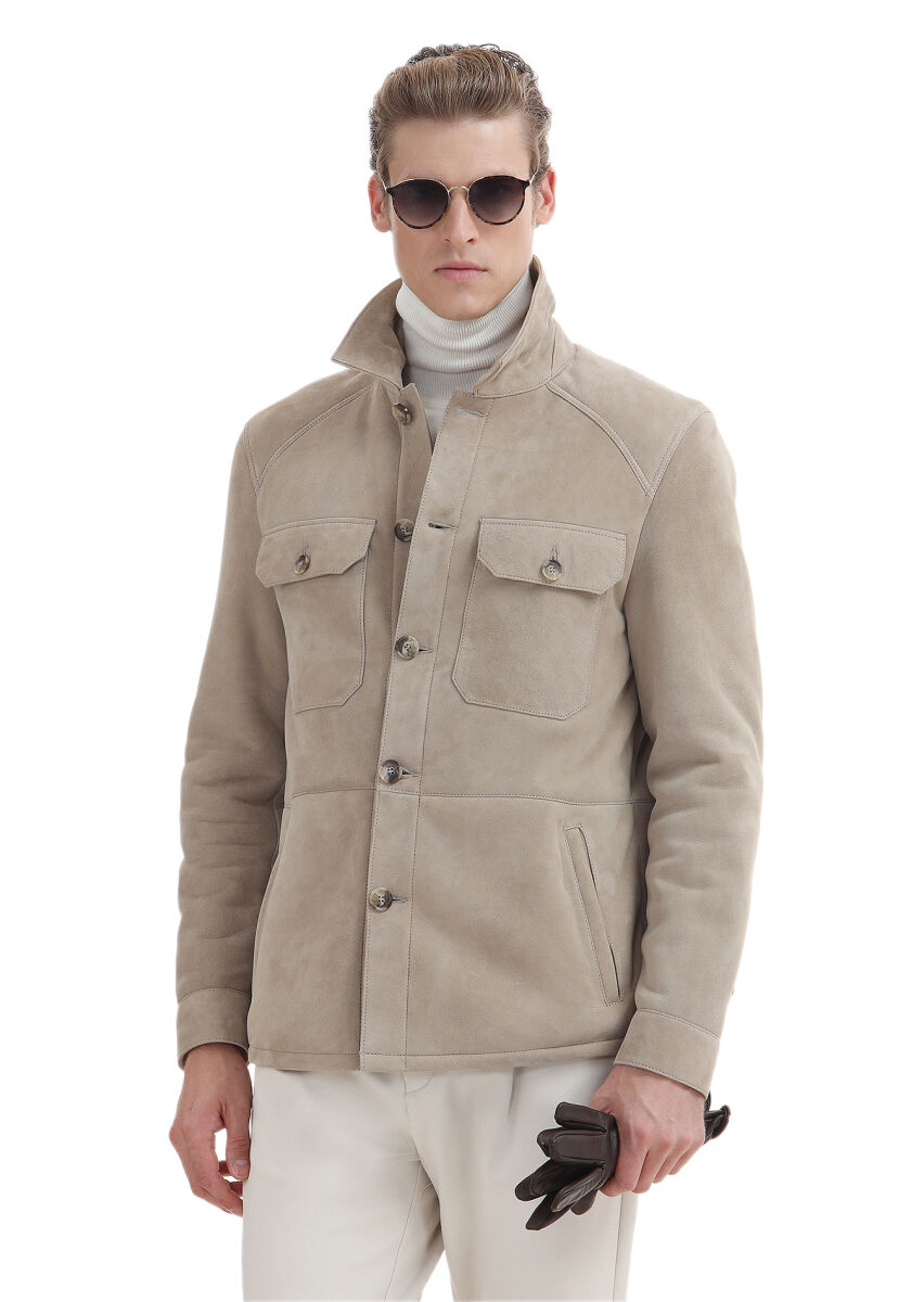 Beige Regular Fit Shirt Collar Casual Fur Leather Coat - 5