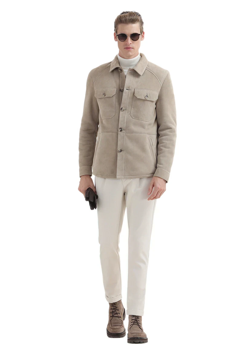 Beige Regular Fit Shirt Collar Casual Fur Leather Coat - 1