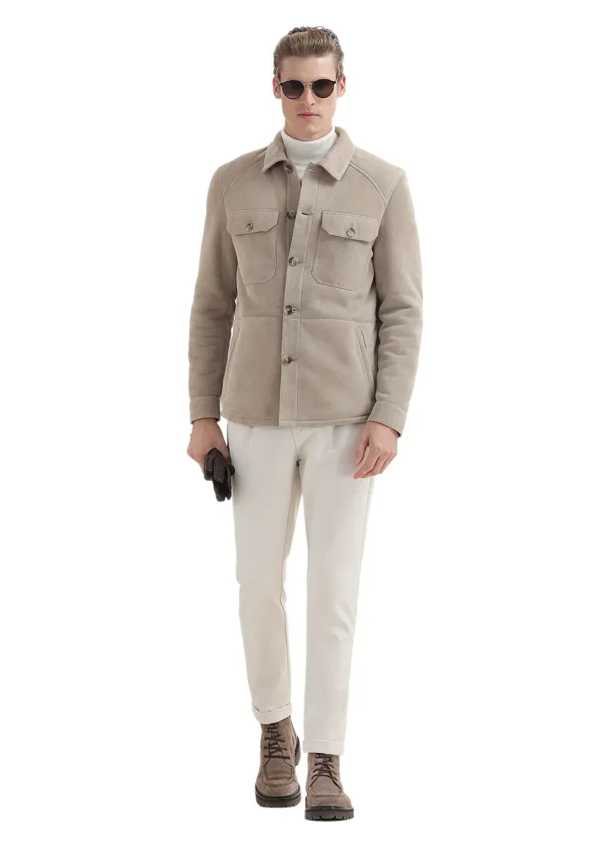 Beige Regular Fit Shirt Collar Casual Fur Leather Coat - 1