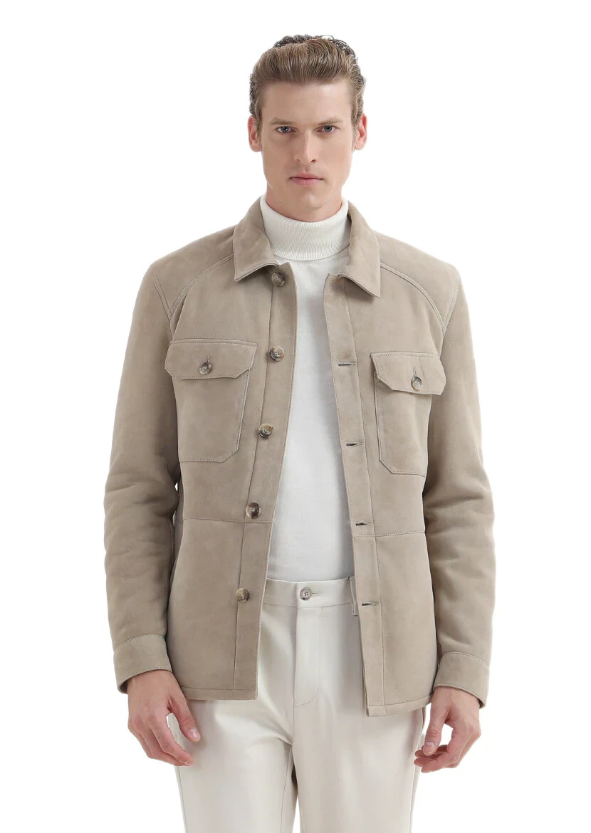Beige Regular Fit Shirt Collar Casual Fur Leather Coat - 2