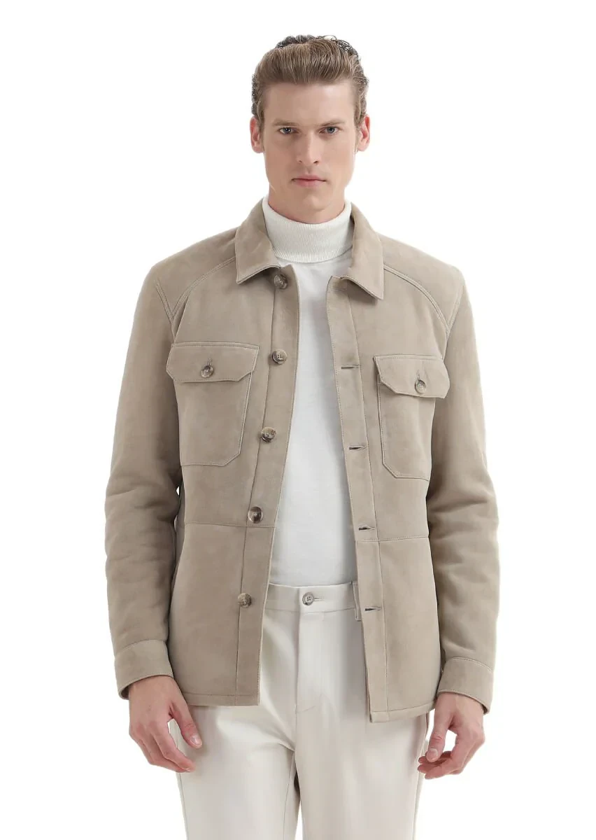 Beige Regular Fit Shirt Collar Casual Fur Leather Coat - 2