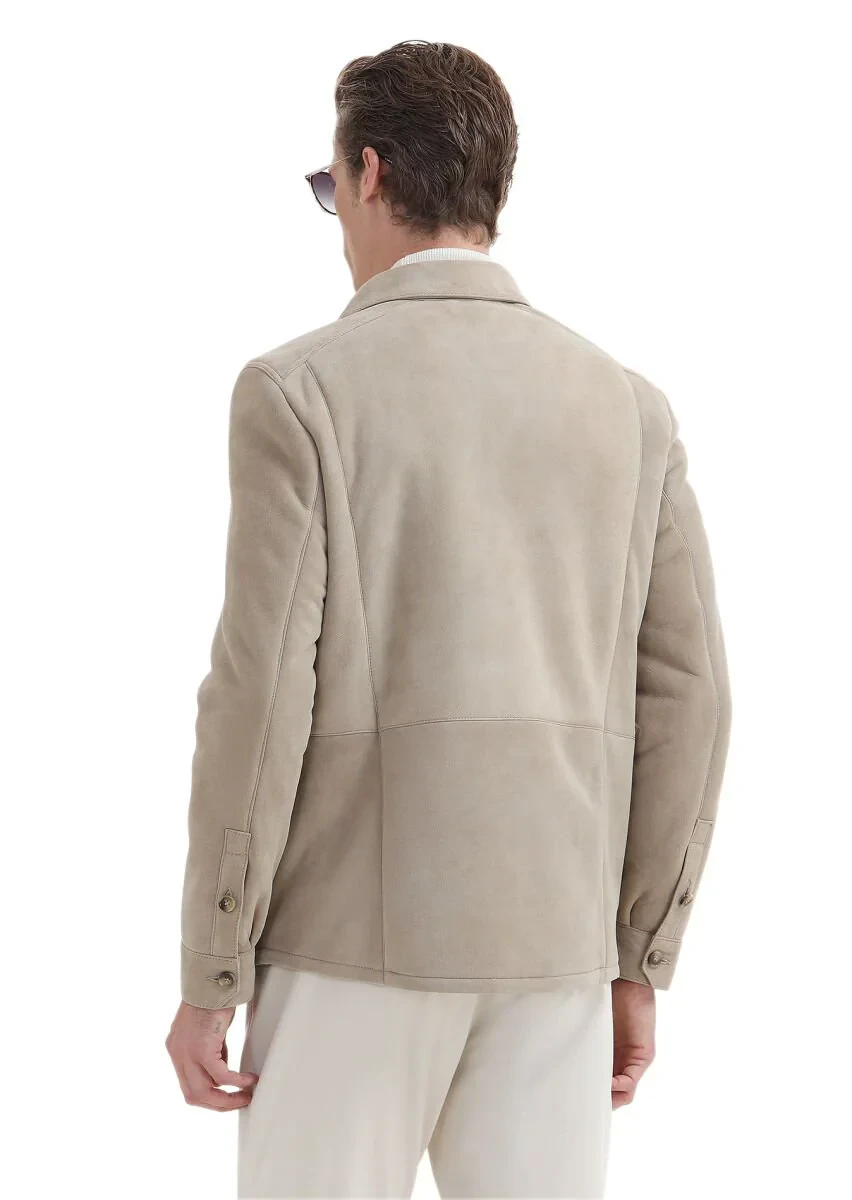 Beige Regular Fit Shirt Collar Casual Fur Leather Coat - 6