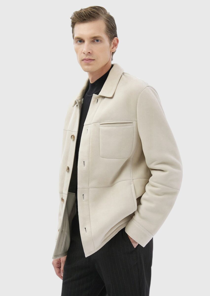 Beige Regular Fit Shirt Collar Casual Fur Leather Coat - 1