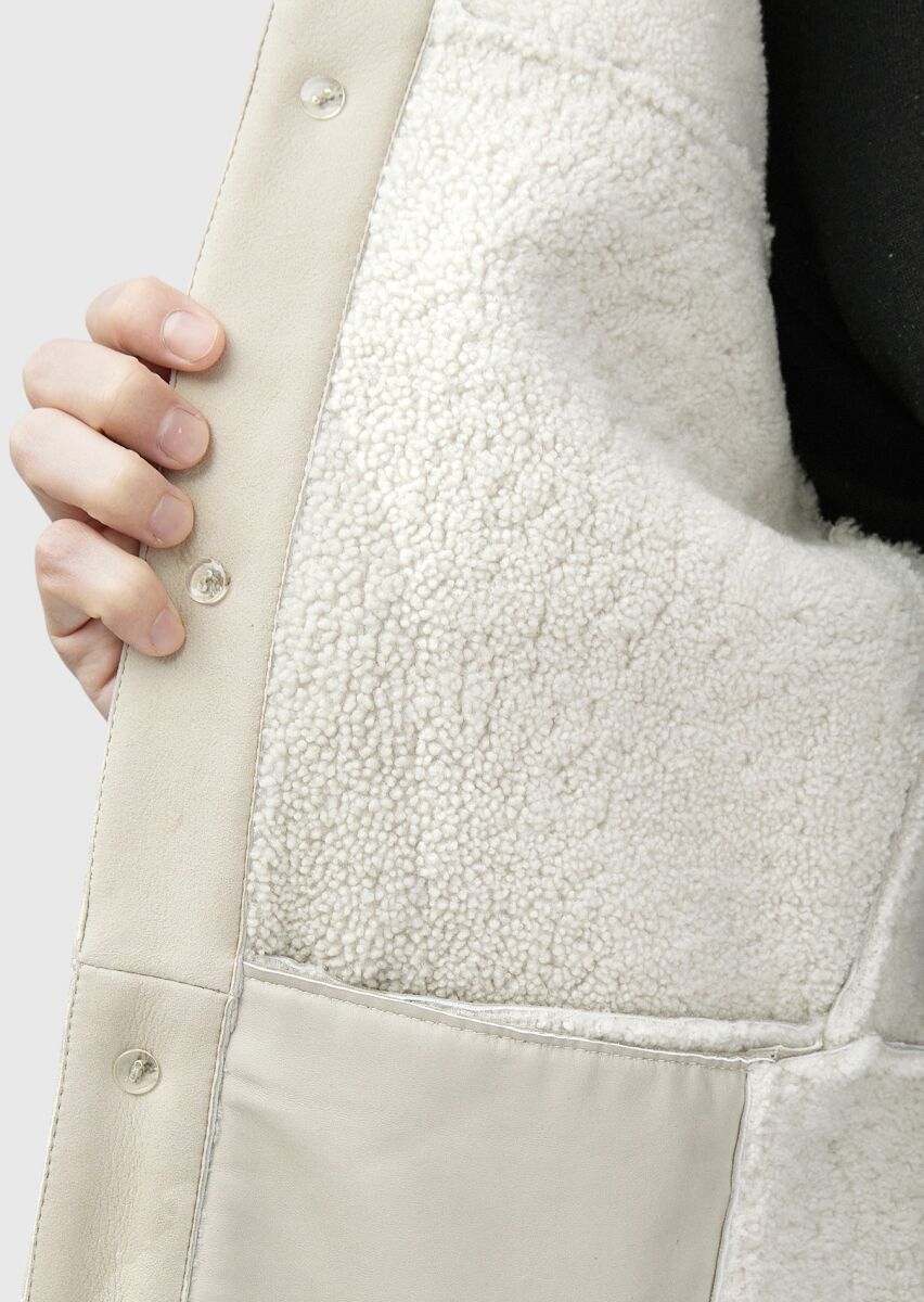 Beige Regular Fit Shirt Collar Casual Fur Leather Coat - 7