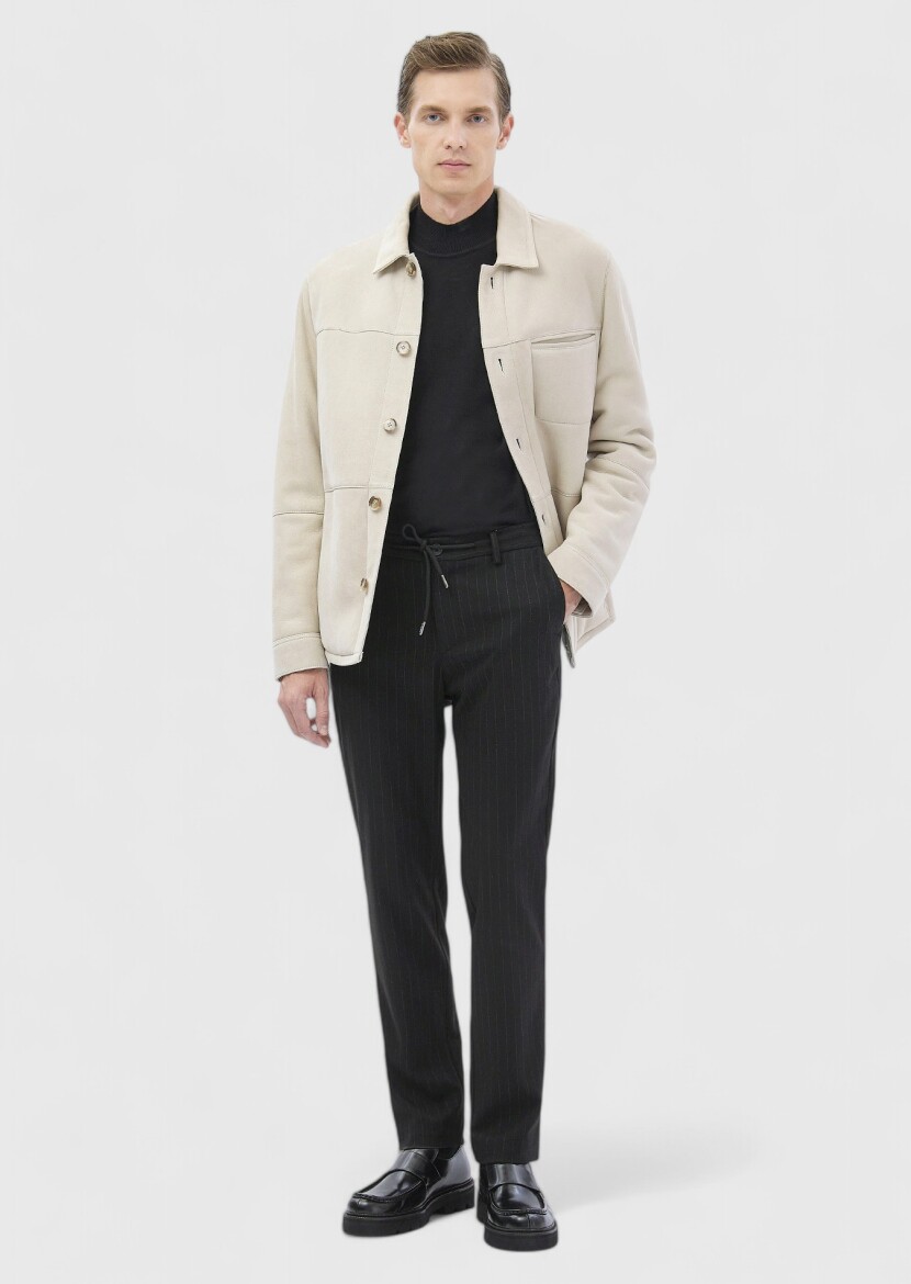 Beige Regular Fit Shirt Collar Casual Fur Leather Coat - RAMSEY