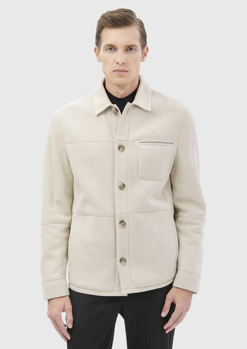 Beige Regular Fit Shirt Collar Casual Fur Leather Coat - 3