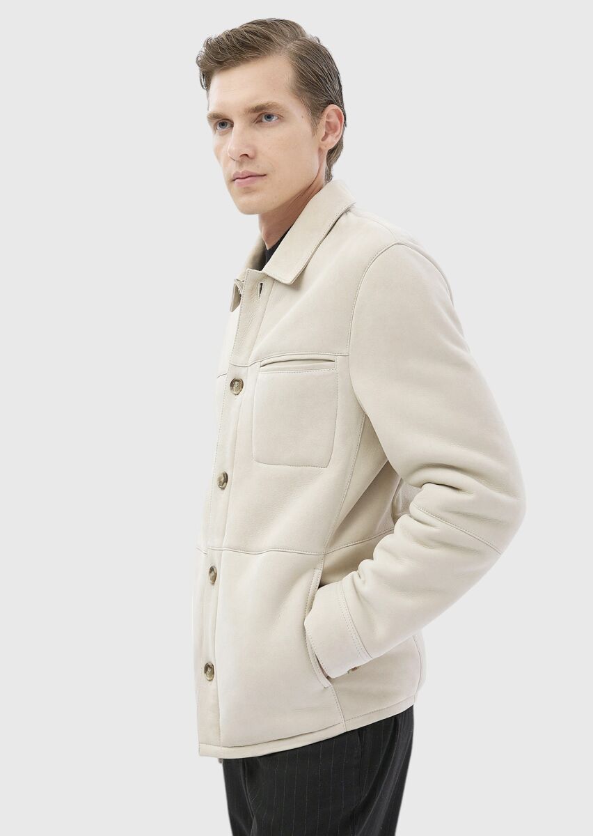Beige Regular Fit Shirt Collar Casual Fur Leather Coat - 4