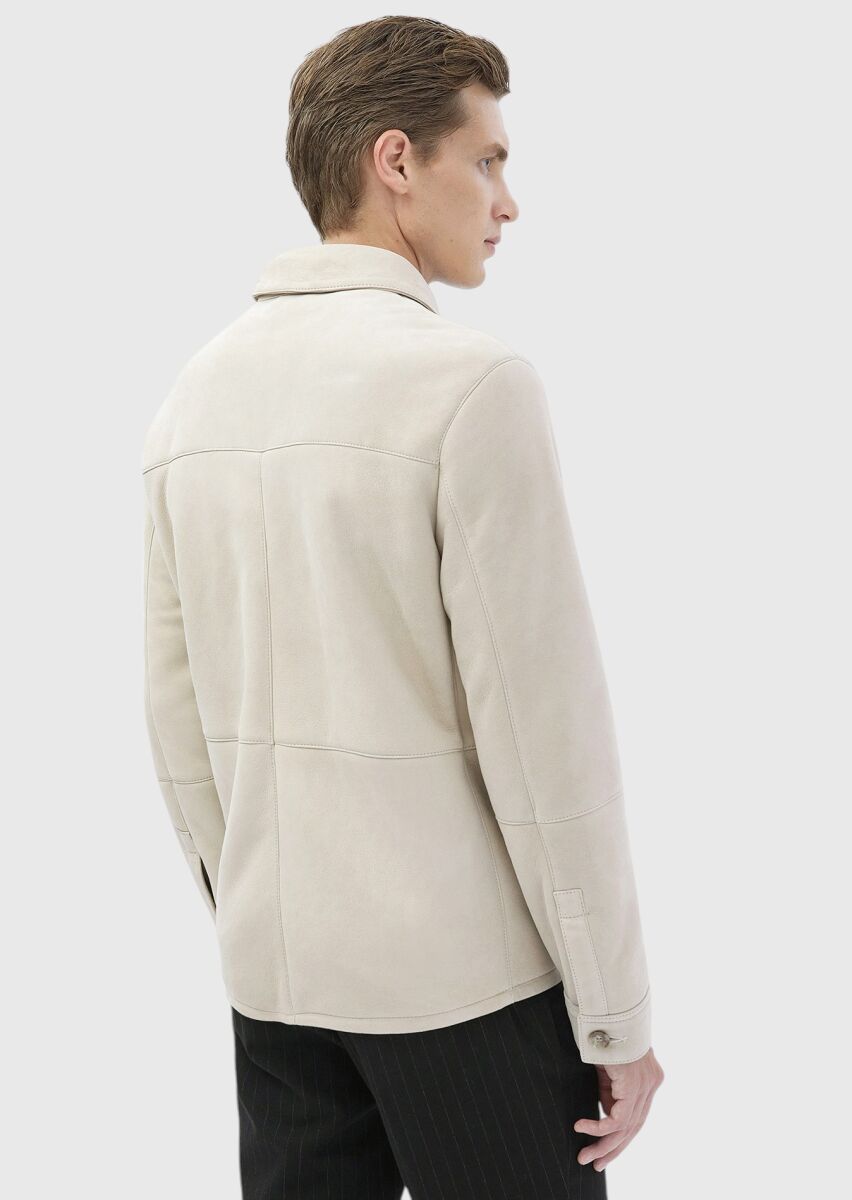 Beige Regular Fit Shirt Collar Casual Fur Leather Coat - 8