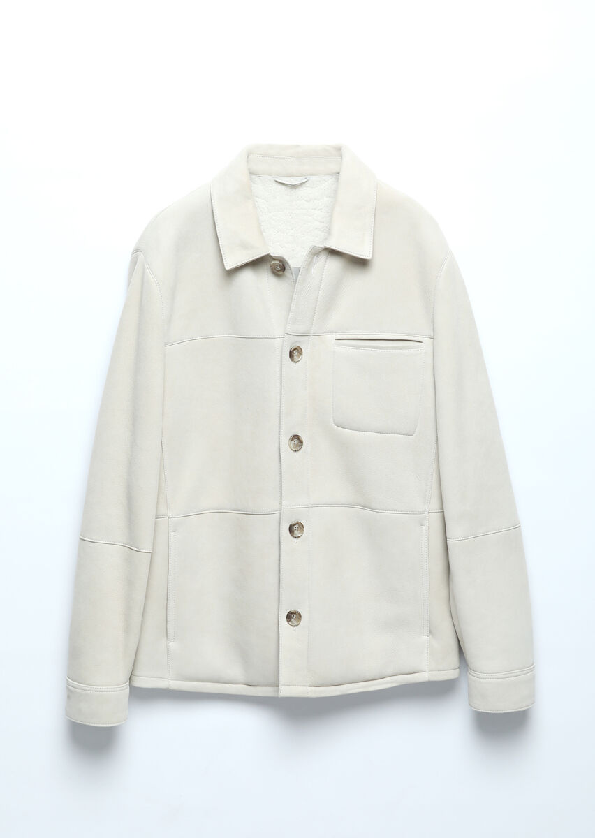 Beige Regular Fit Shirt Collar Casual Fur Leather Coat - 9