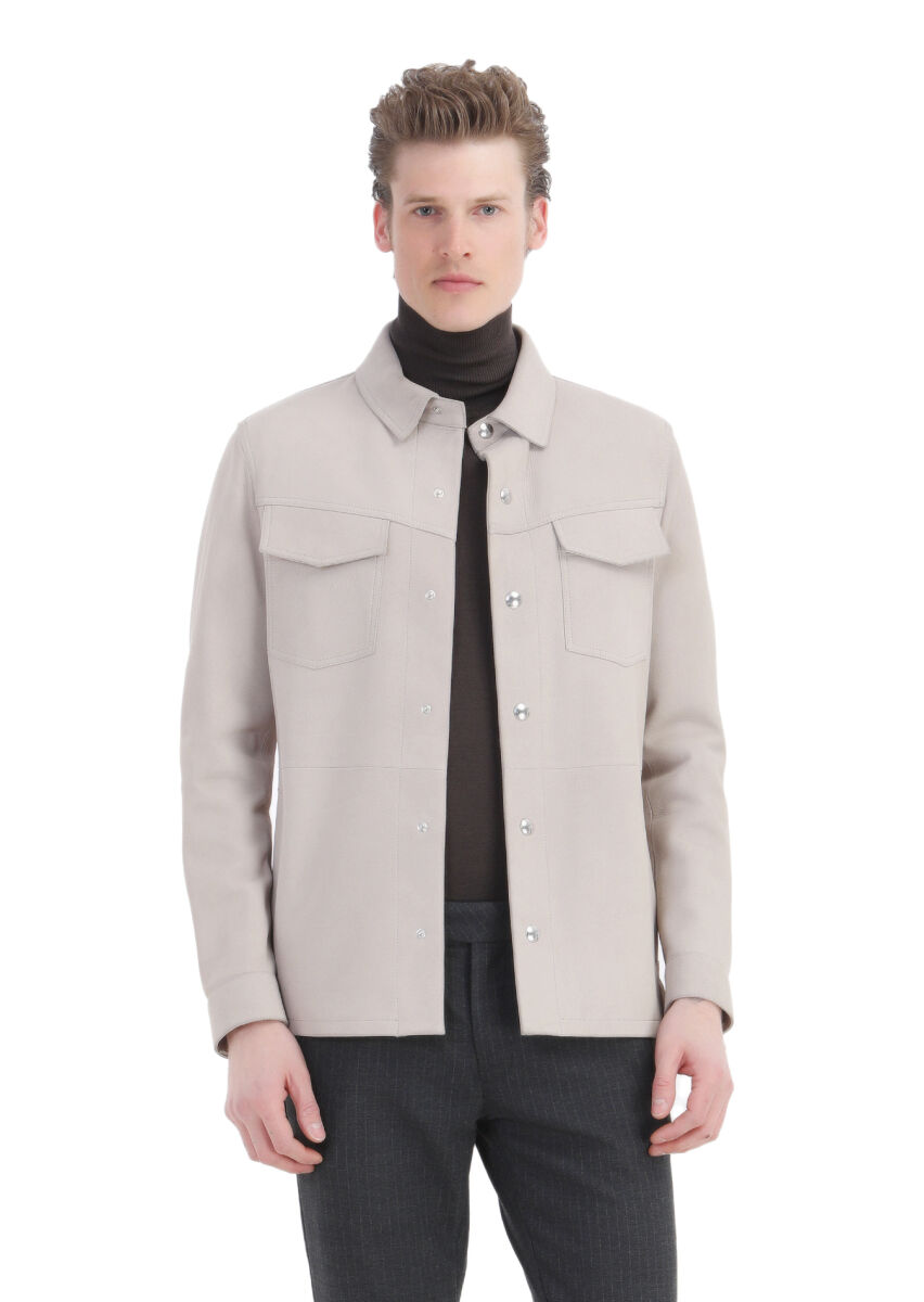 Beige Regular Fit Shirt Collar Casual Suede Leather Coat - 1