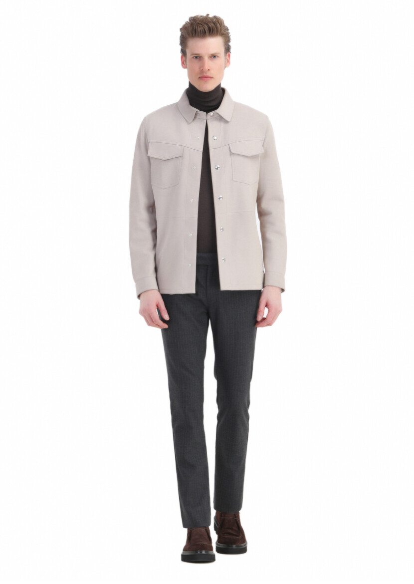 Beige Regular Fit Shirt Collar Casual Suede Leather Coat 