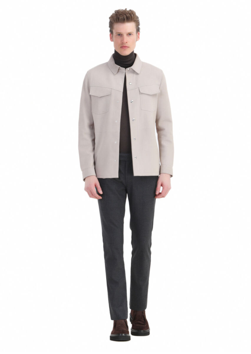 Beige Regular Fit Shirt Collar Casual Suede Leather Coat - 2