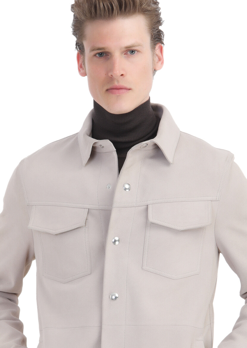 Beige Regular Fit Shirt Collar Casual Suede Leather Coat - 4