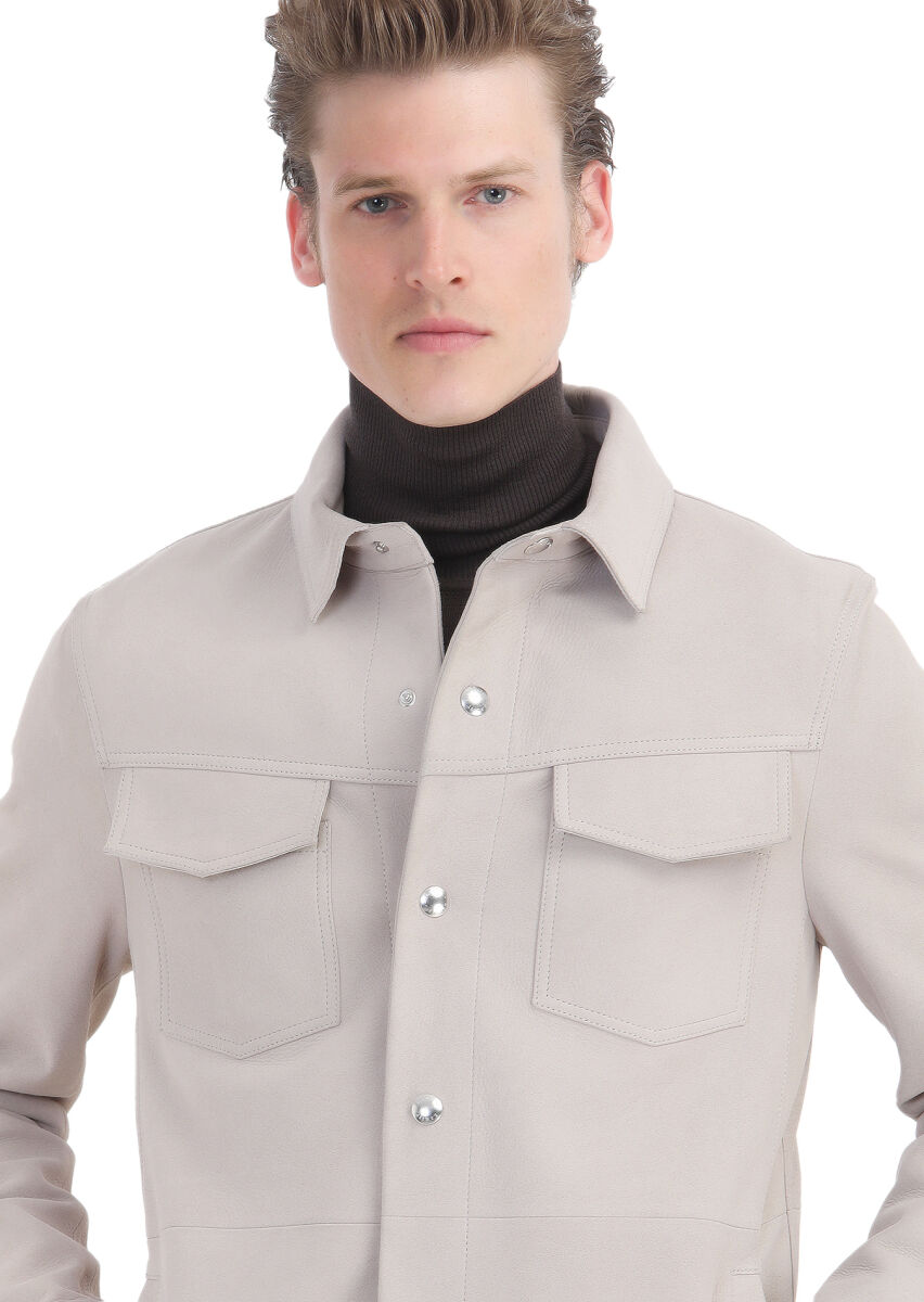 Beige Regular Fit Shirt Collar Casual Suede Leather Coat - 4