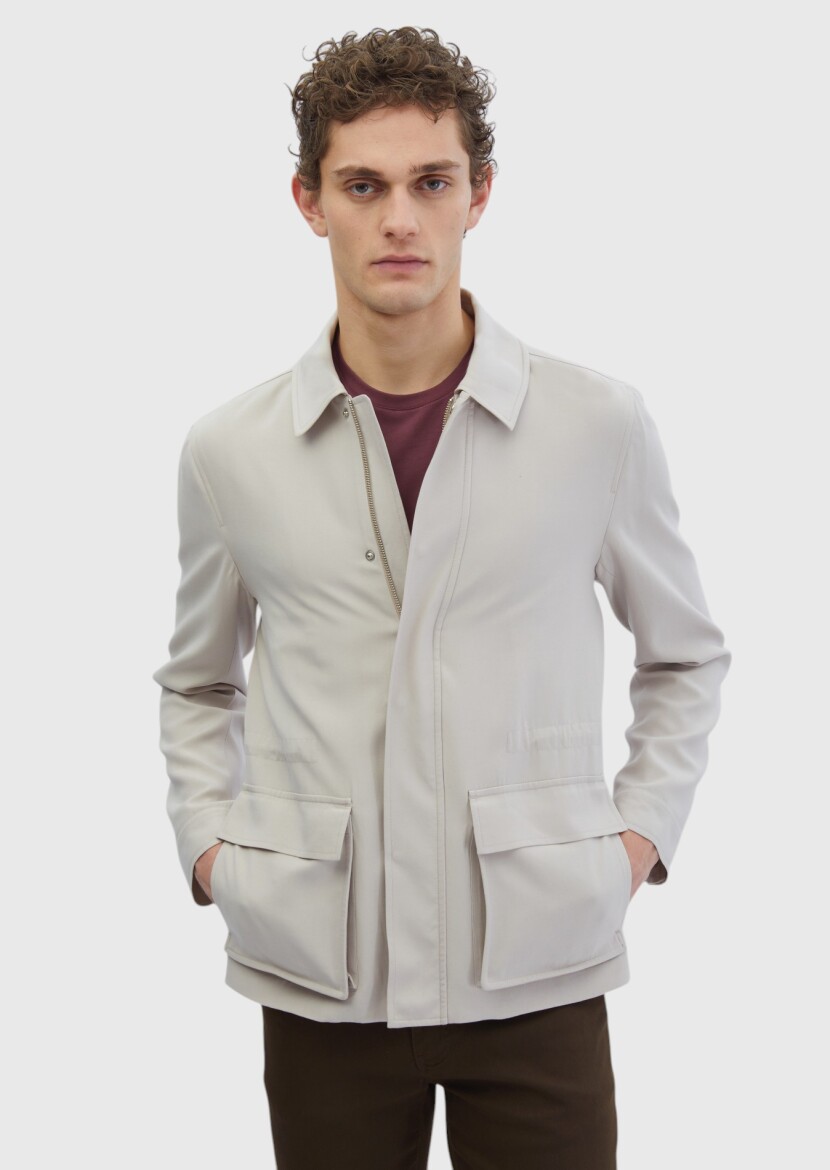 Beige Regular Fit Shirt Collar Casual Weaving Coat - RAMSEY