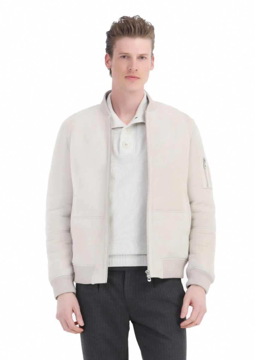 Beige Regular Fit Turtleneck Casual Fur Leather Coat - 1