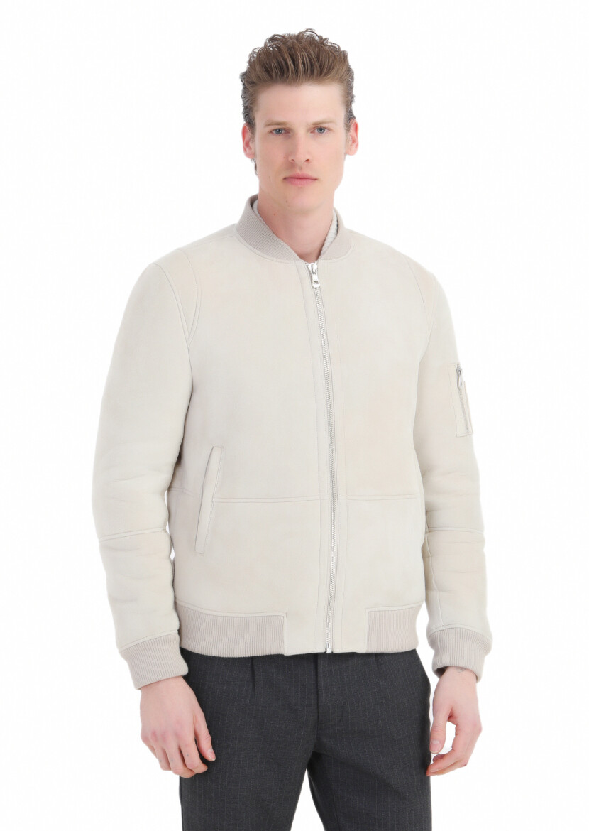 Beige Regular Fit Turtleneck Casual Fur Leather Coat - 3