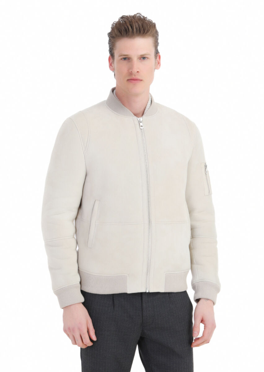 Beige Regular Fit Turtleneck Casual Fur Leather Coat - 3