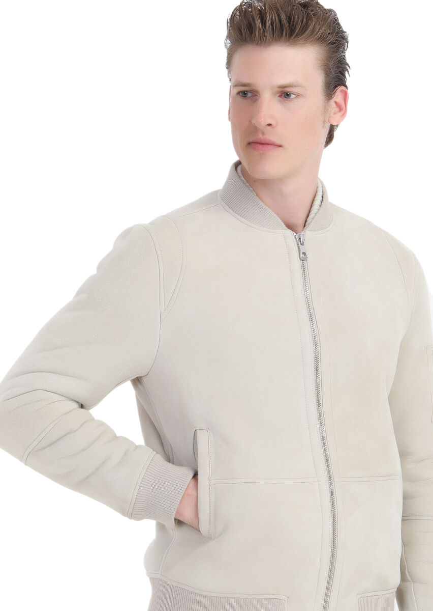 Beige Regular Fit Turtleneck Casual Fur Leather Coat - 4