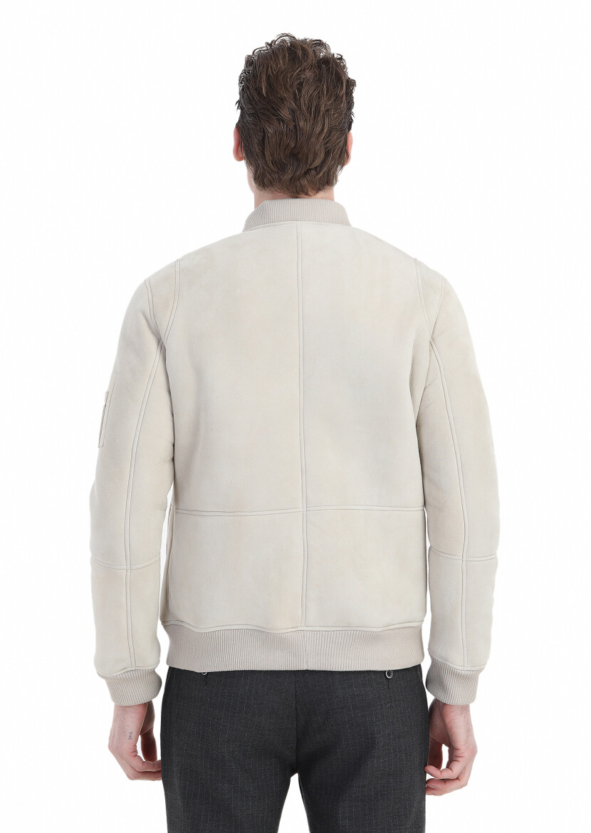 Beige Regular Fit Turtleneck Casual Fur Leather Coat - 6