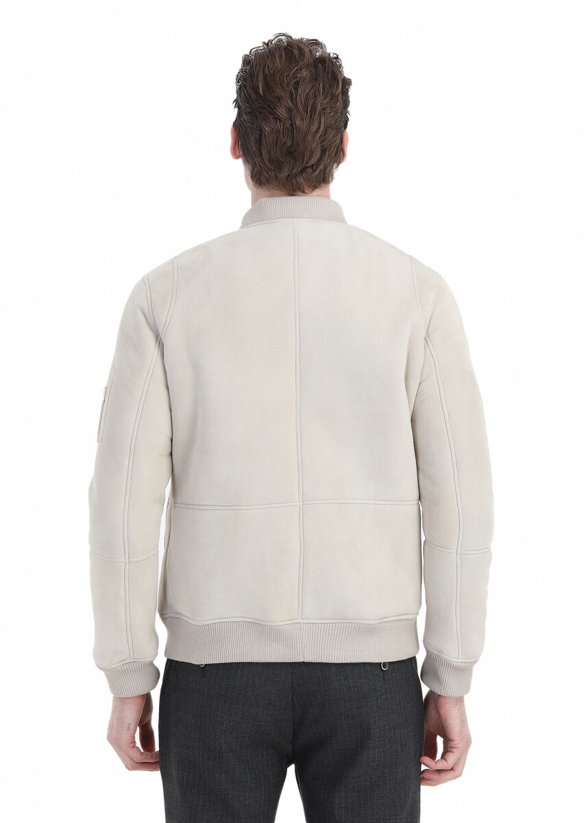 Beige Regular Fit Turtleneck Casual Fur Leather Coat - 6