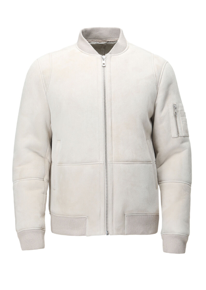 Beige Regular Fit Turtleneck Casual Fur Leather Coat - 7