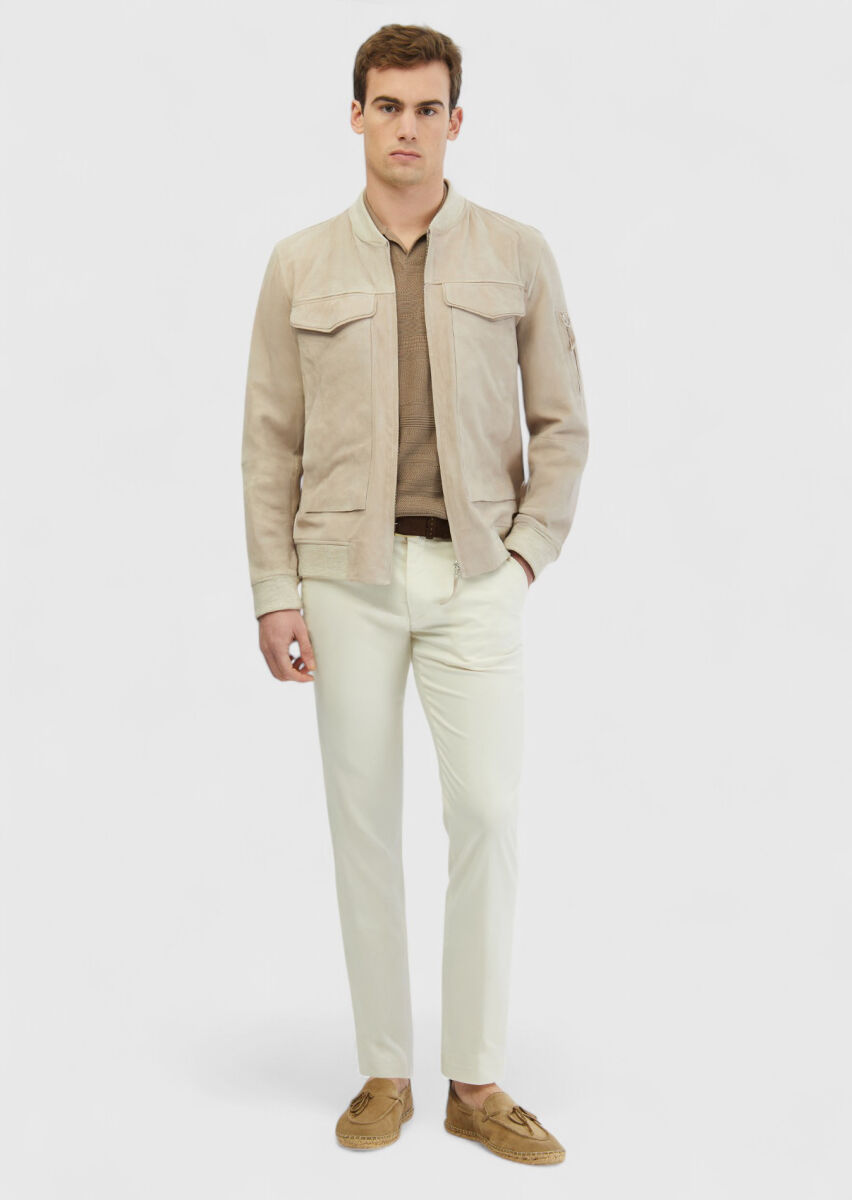 Beige Regular Fit Turtleneck Casual Leather Coat - 2