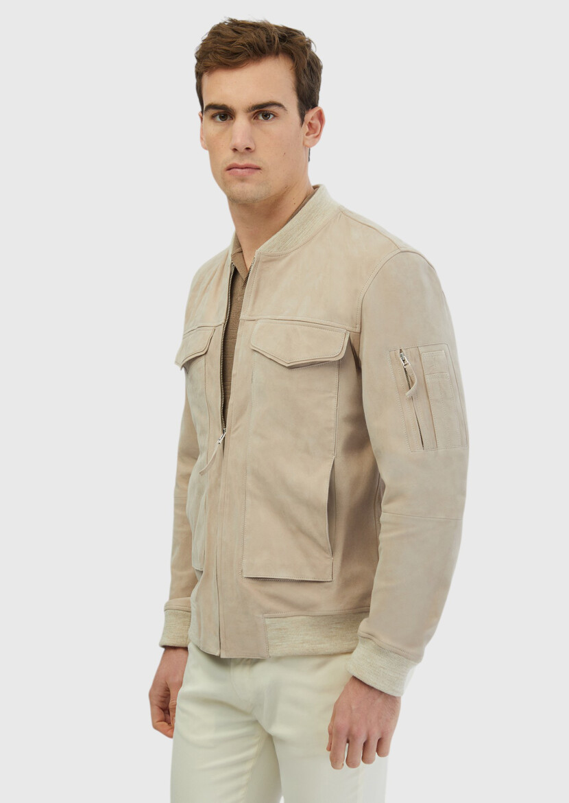 Beige Regular Fit Turtleneck Casual Leather Coat - 3