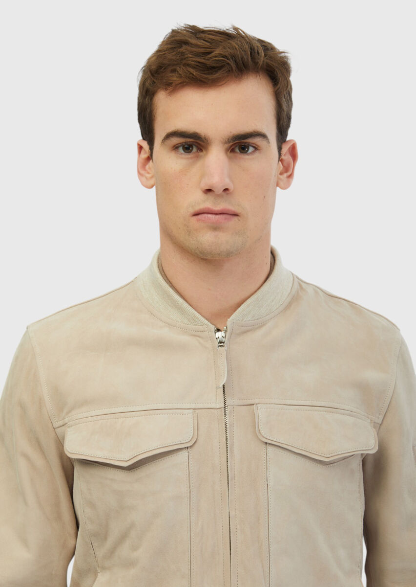 Beige Regular Fit Turtleneck Casual Leather Coat - 4