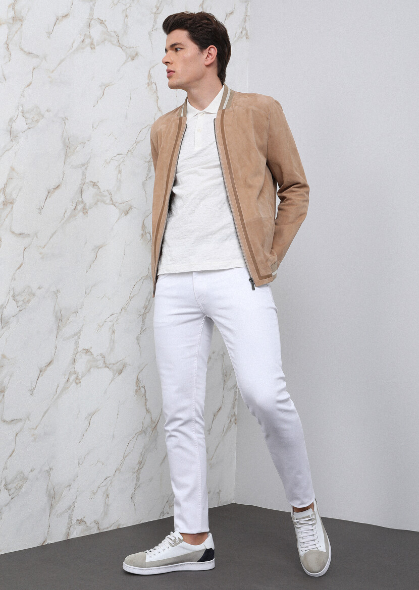Beige Regular Fit Turtleneck Casual Leather Leather Coat - 1