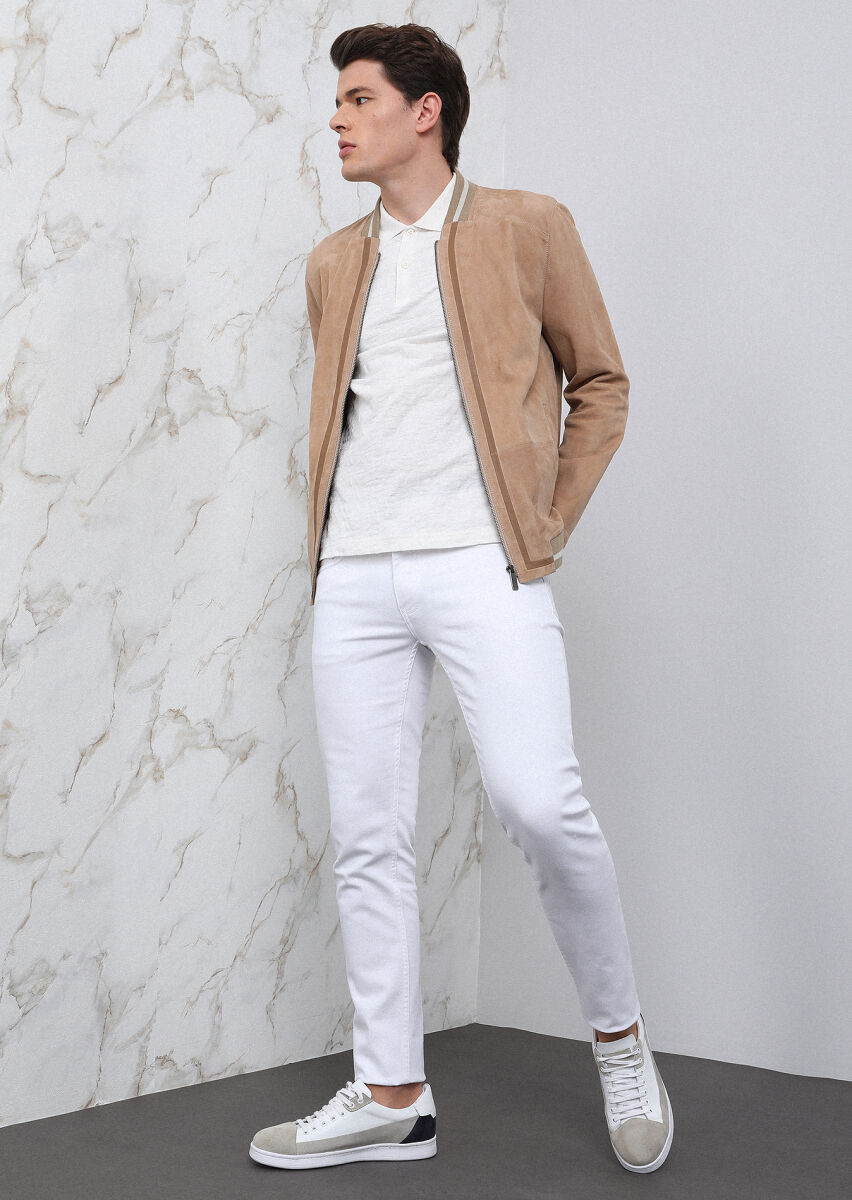 Beige Regular Fit Turtleneck Casual Leather Leather Coat - 1