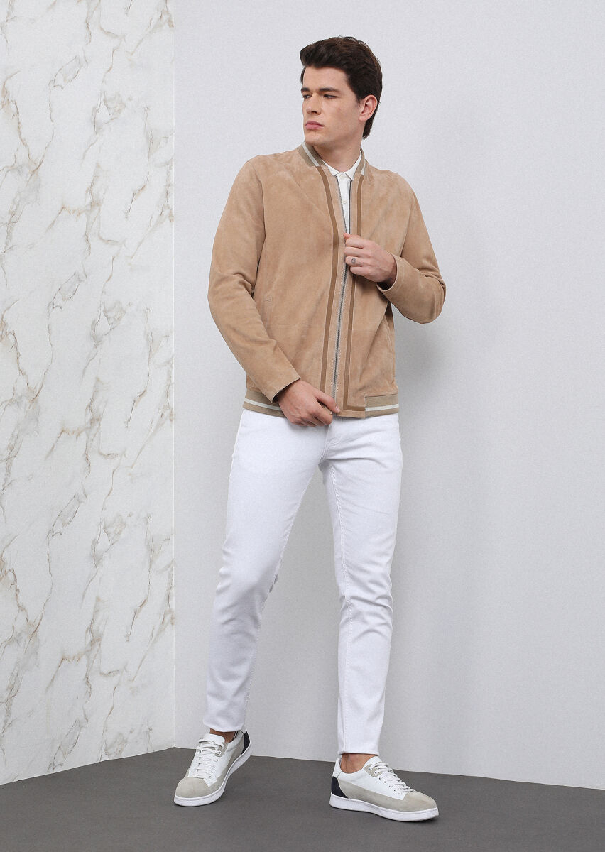 Beige Regular Fit Turtleneck Casual Leather Leather Coat - 4