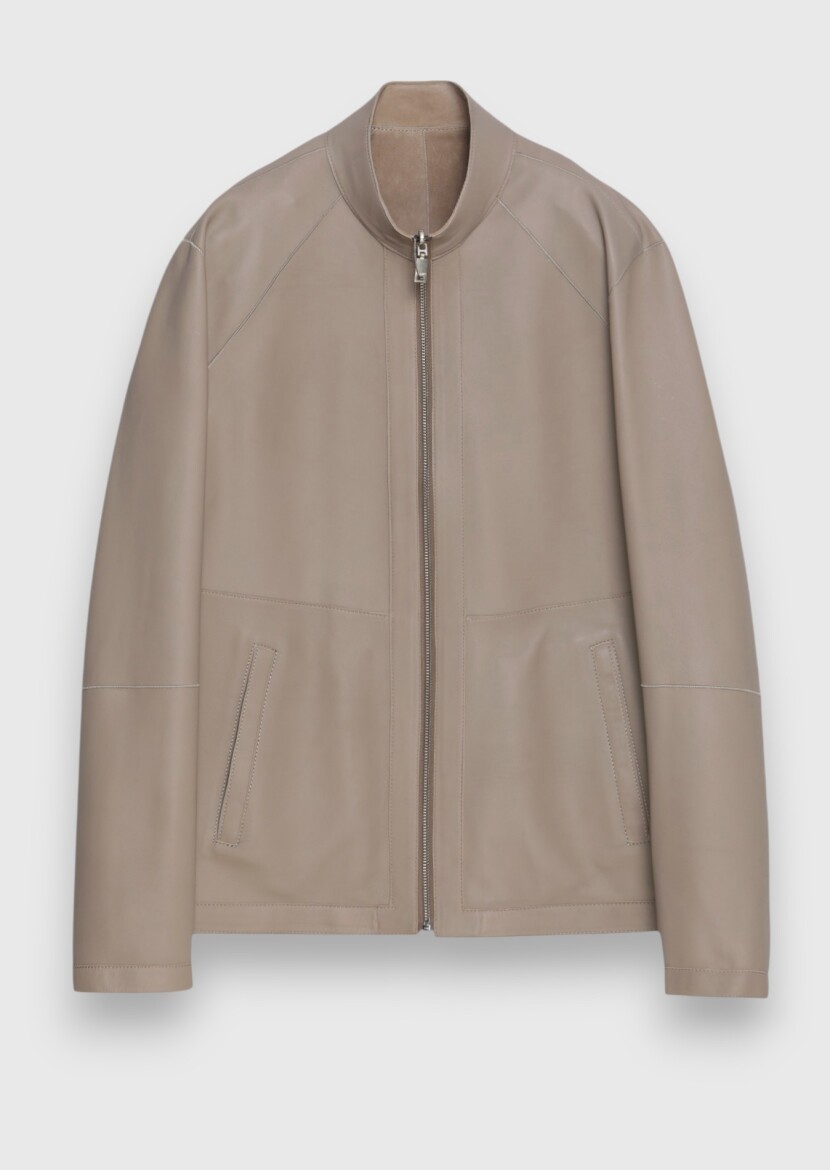 Beige Regular Fit Turtleneck Casual Suede Double-Sided Leather Coat - 7